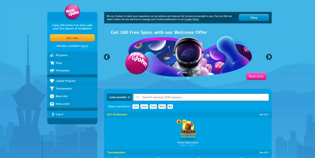 layout e navegação no verajohn casino