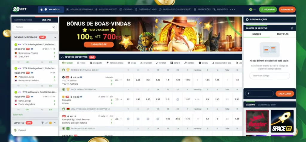 layout e navegação do cassino 20bet